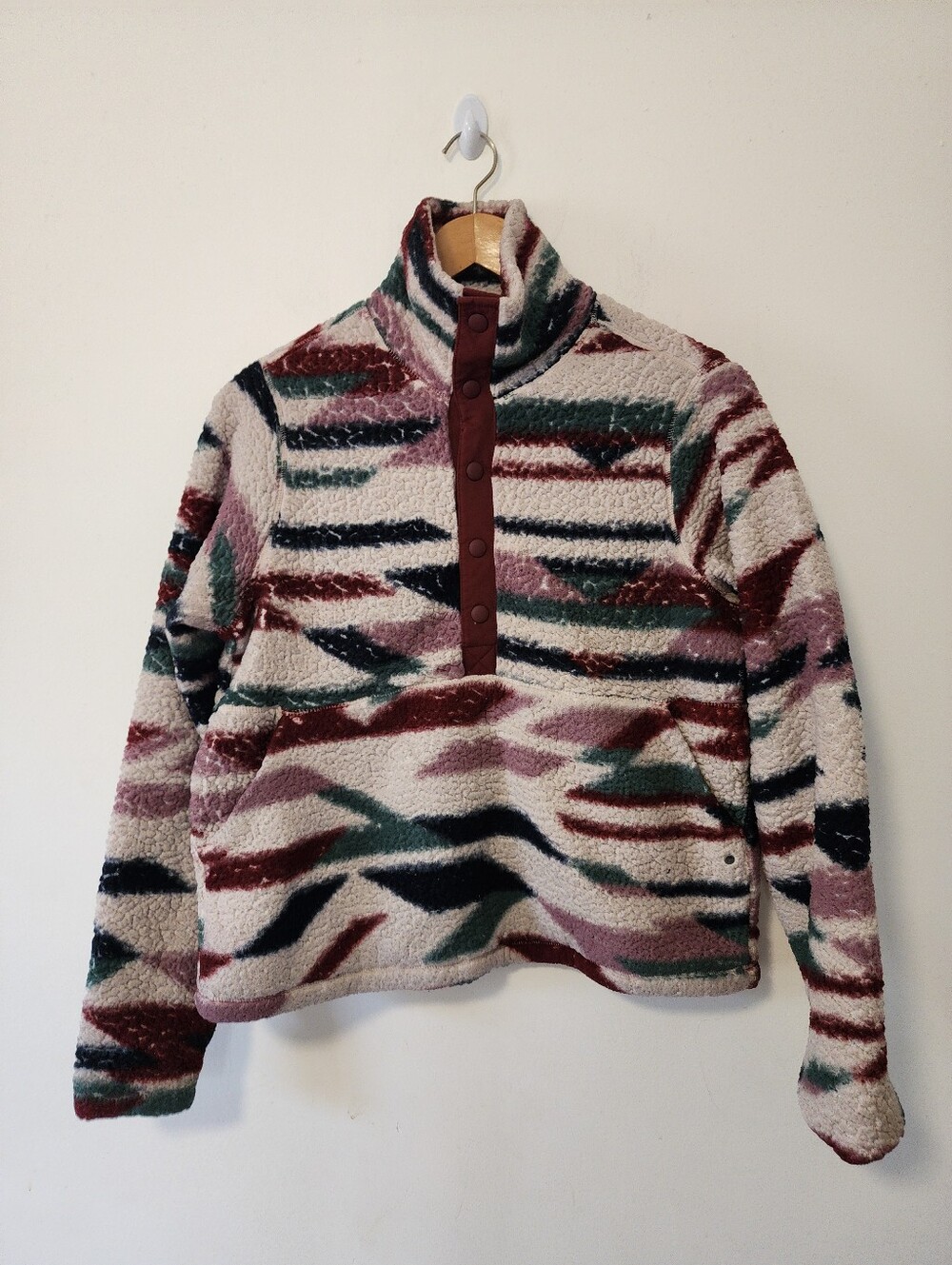 Prana Plush Snap-Front Pullover Jacket - Cream, Green & Burgundy